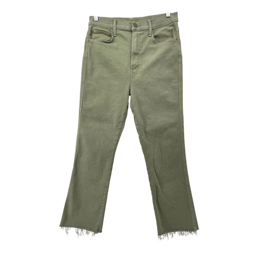 MOTHER High Waisted Smokin Double Ankle Jeans Oil Green‎ Raw Hem Size 32